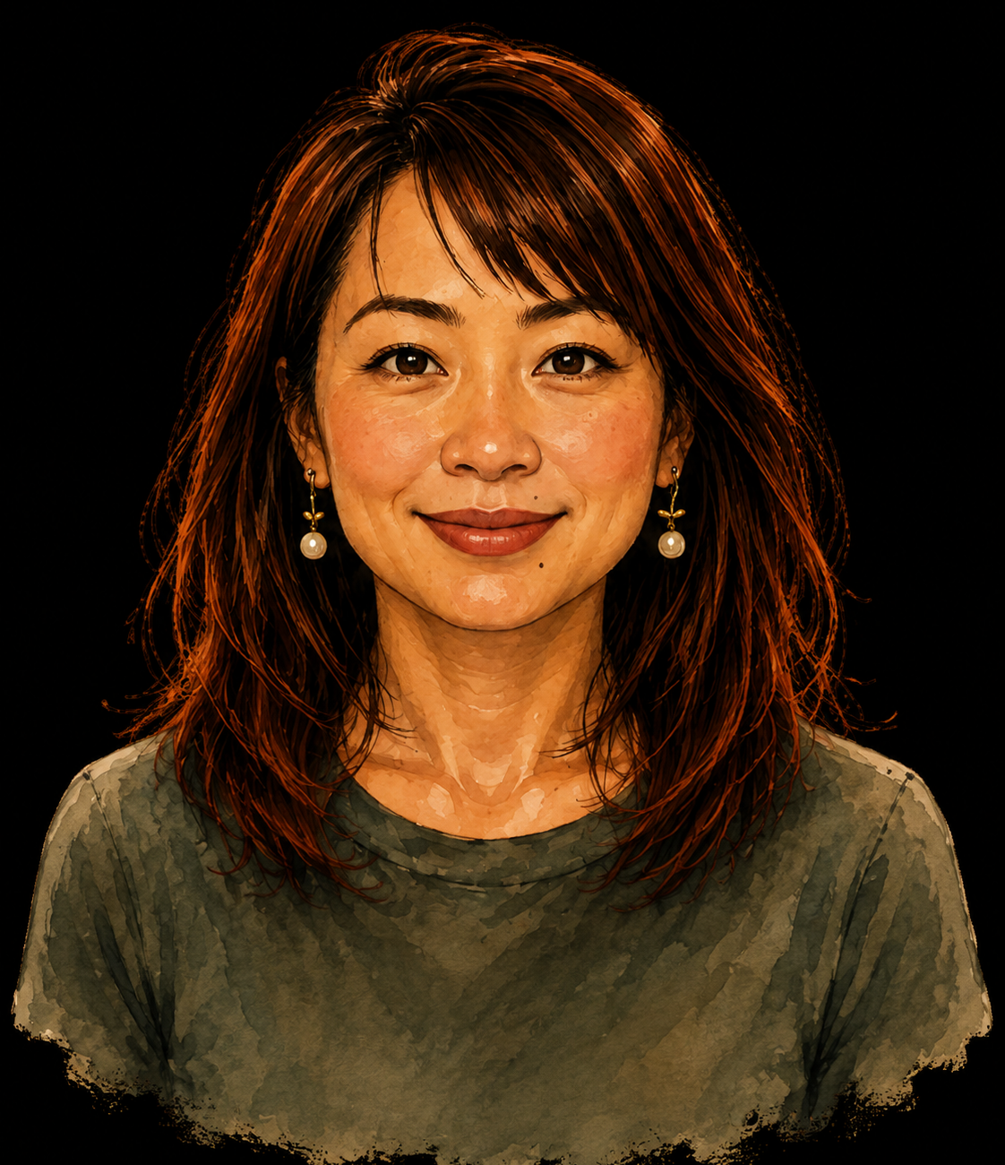 Portrait of a woman with red hair and pearl earrings, smiling against a black background for the "About CHUM" page.