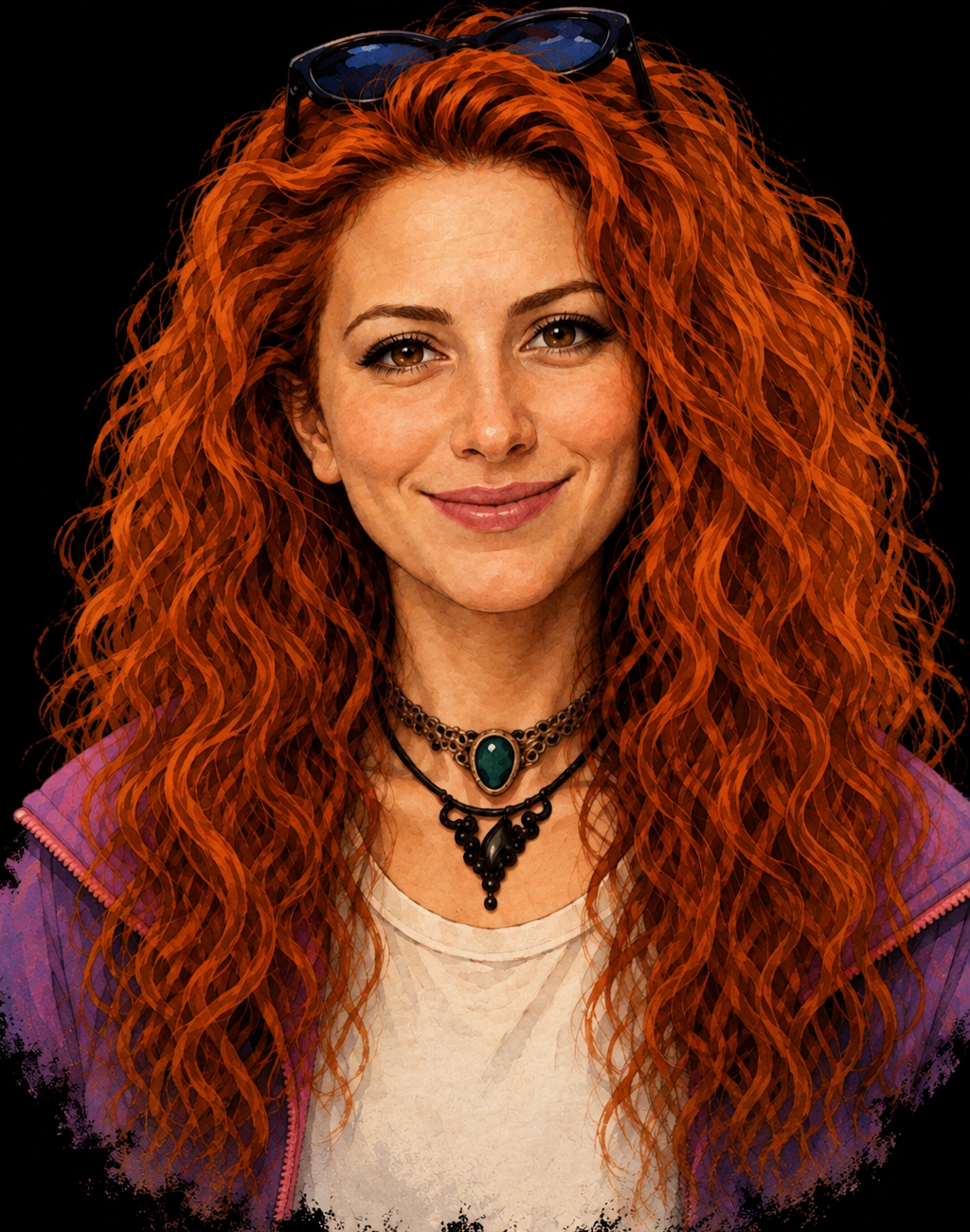 Woman with curly red hair, wearing sunglasses and layered necklaces, smiles against a black background.