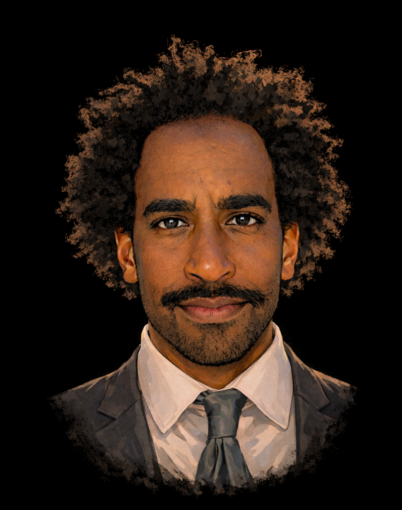 Portrait of a man with curly hair and a mustache, wearing a suit and tie, against a dark background.
